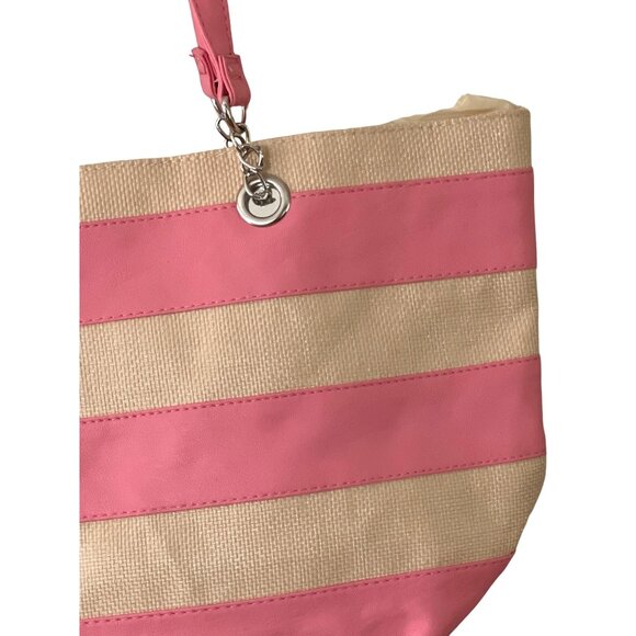 Ulta Pink Striped Tote Bag  Inner Pockets Beach Gym Bag Medium Size - Picture 7 of 7